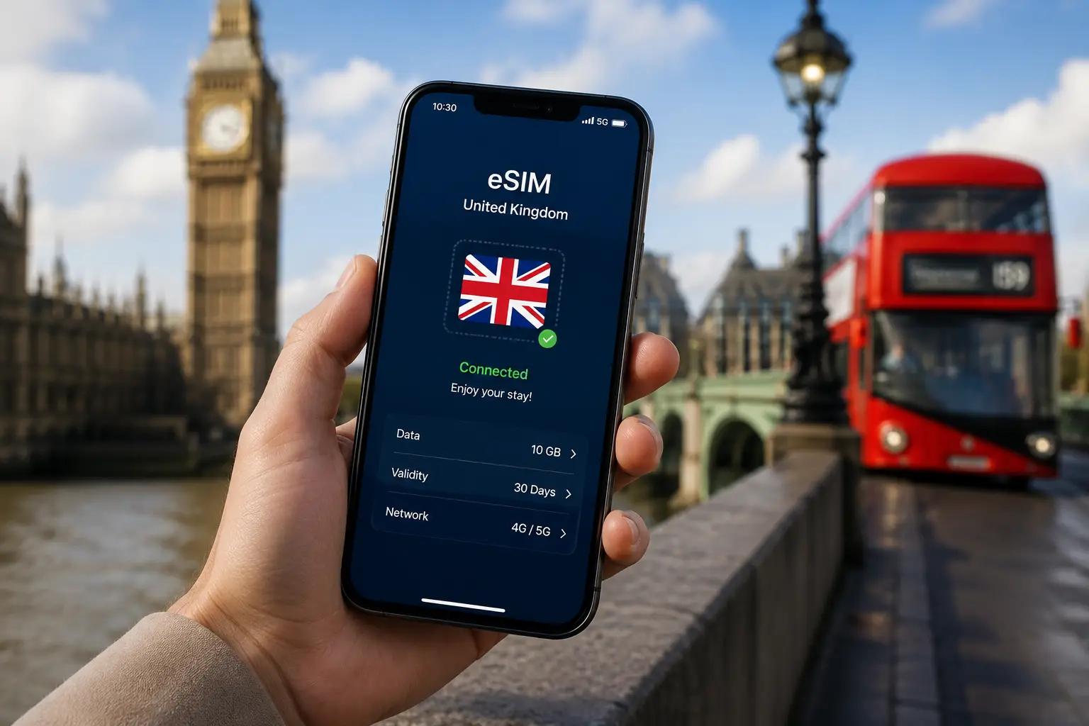 eSIM do Wielkiej Brytanii — aktywacja w Londynie Aktywna karta eSIM na Anglię na ekranie iPhone'a na tle Big Bena i czerwonego autobusu w Londynie