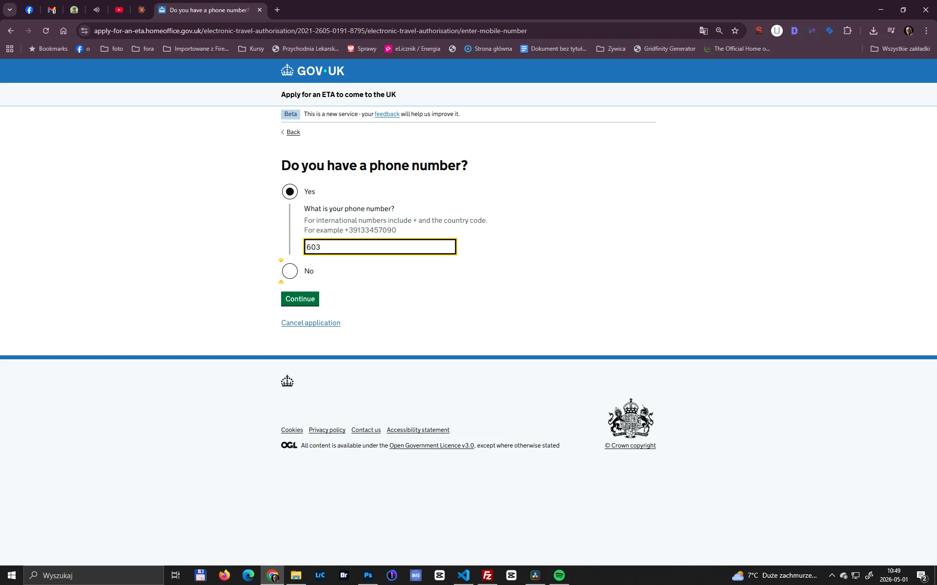 ETA wniosek – podaj numer telefonu Formularz ETA GOV.UK – pole na numer telefonu wnioskodawcy w formacie międzynarodowym