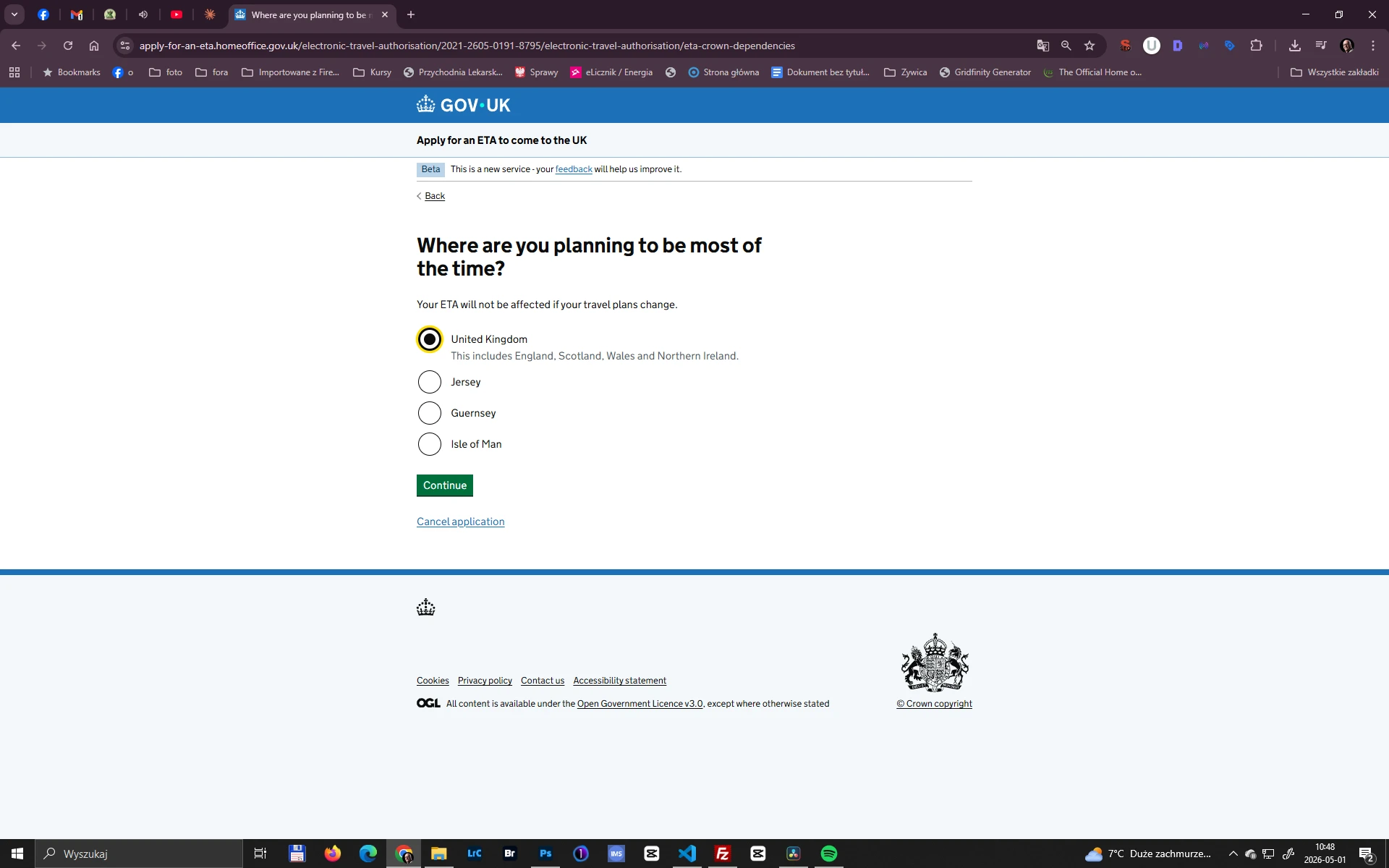 ETA wniosek – wybór miejsca pobytu w UK Formularz ETA – pytanie o planowane miejsce pobytu: Wielka Brytania, Jersey, Guernsey lub Wyspa Man