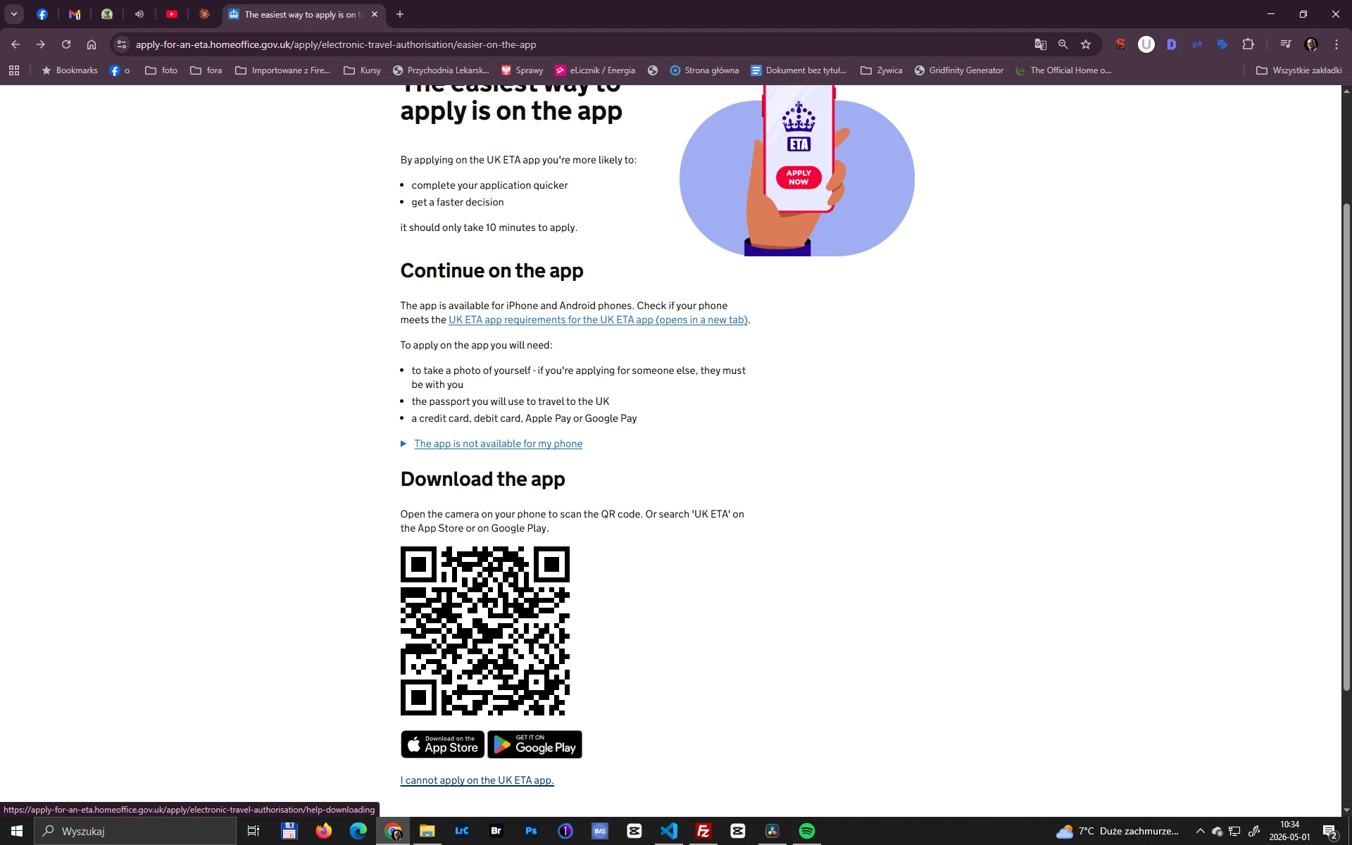 UK ETA aplikacja mobilna – pobierz przez kod QR Aplikacja UK ETA – kod QR do pobrania z App Store i Google Play